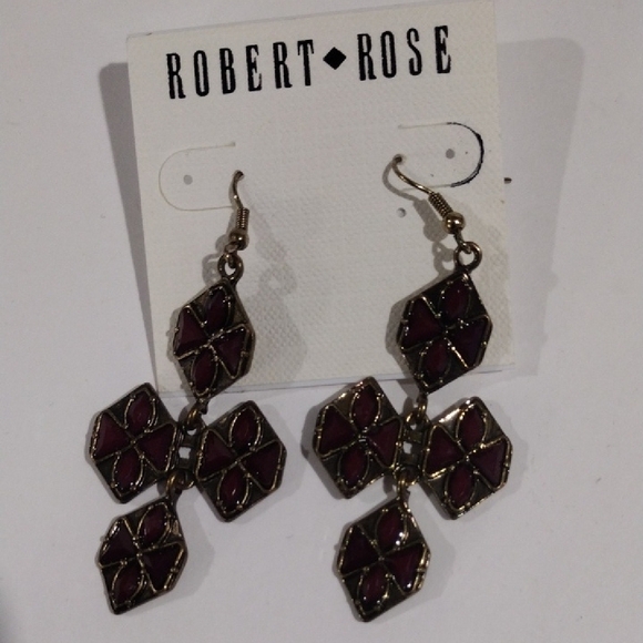 Burgundy Petal Cross Earrings – Gold-Tone Floral Dangles Statement Jewelry - Picture 4 of 9